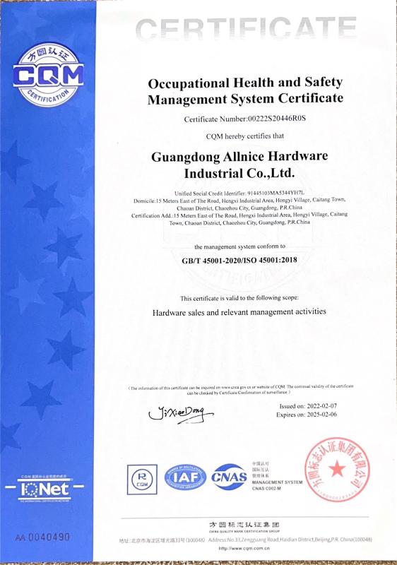 ccupational Health and safety management system certificate - Guangdong Allnice Hardware Industrial Co.,Ltd.