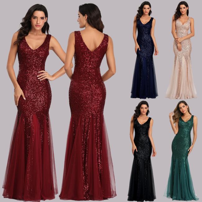 Sequined Add Net Sex Beading Ball Dress Luxury V Neck Evening Party Dress Mermaid Bridesmaid Gowns