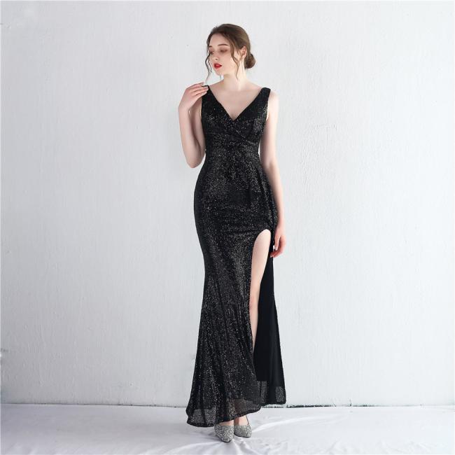 China OEM High Quality Evening Party Prom Women Dress Sequin Split Skirt Women Sexy Skinny Wedding Dress