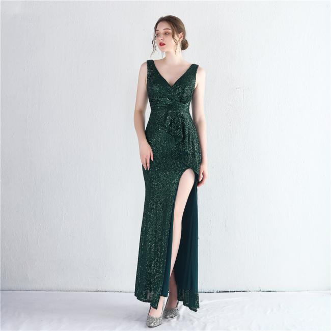 China OEM High Quality Evening Party Prom Women Dress Sequin Split Skirt Women Sexy Skinny Wedding Dress