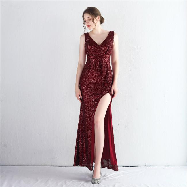 China OEM High Quality Evening Party Prom Women Dress Sequin Split Skirt Women Sexy Skinny Wedding Dress