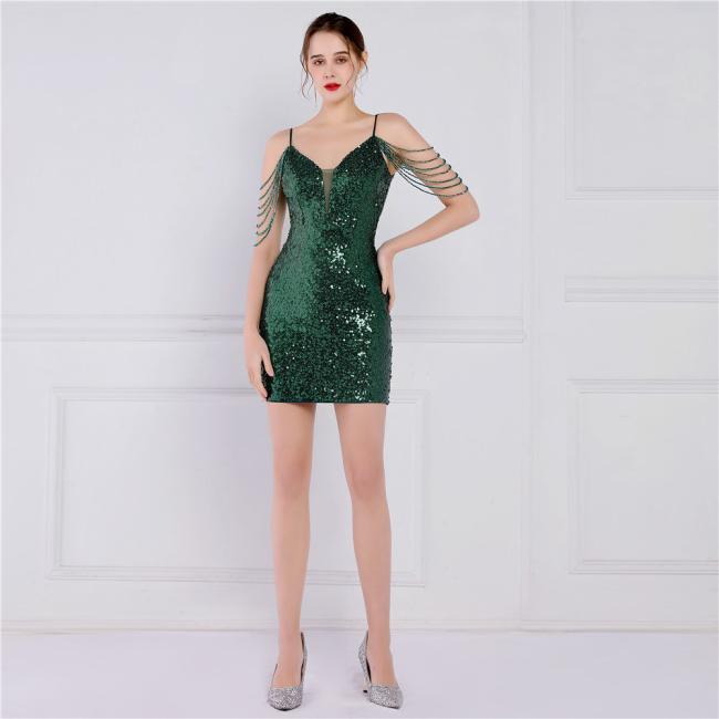 China OEM High Quality Evening Party Prom Women Dress Sequin Slim Sheath Women Sexy Skinny Spaghetti Strap Wedding Dress