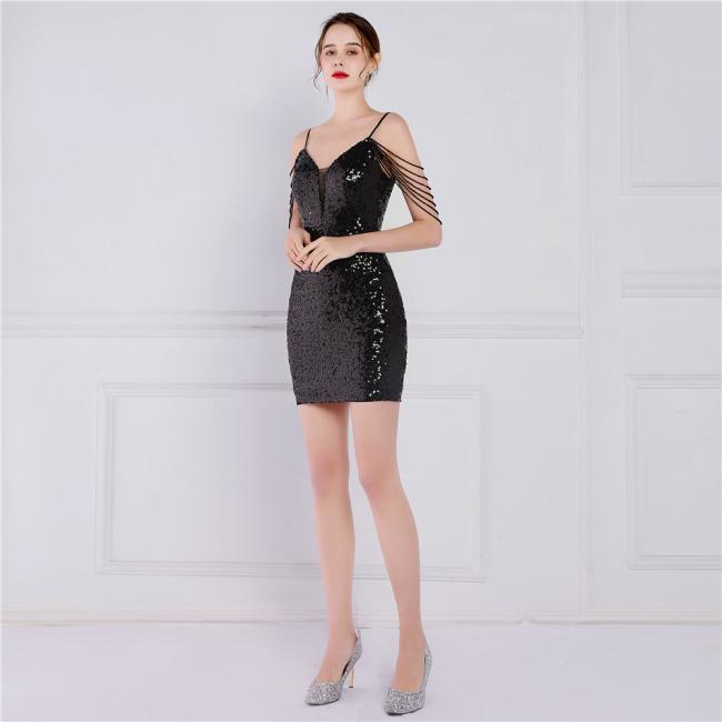China OEM High Quality Evening Party Prom Women Dress Sequin Slim Sheath Women Sexy Skinny Spaghetti Strap Wedding Dress