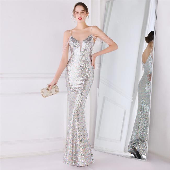 China OEM High Quality Evening Party Prom Women Mermaid Dress Sequin Slim Sheath Women Sexy Skinny Wedding Dress