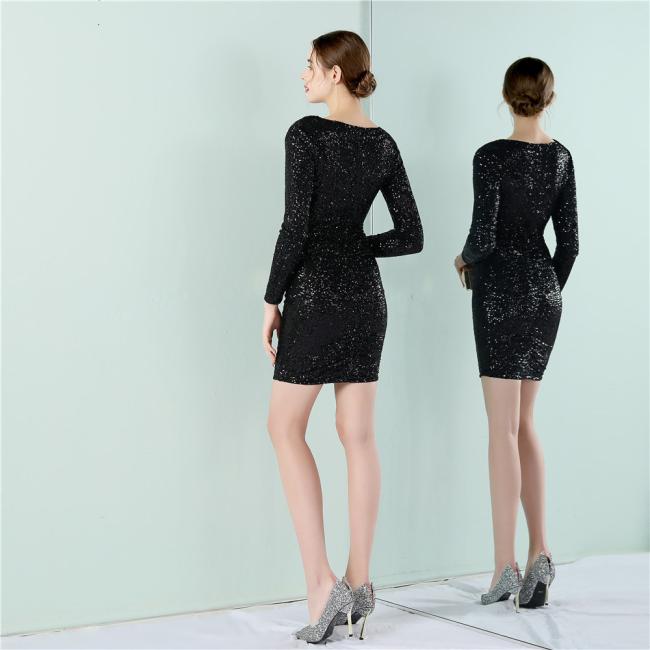 China OEM High Quality Evening Party Prom Women Long-Sleeve Dress Sequin Slim Sheath Women Sexy Skinny Wedding Dress
