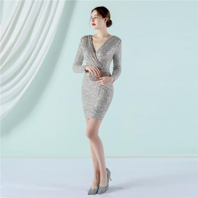 China OEM High Quality Evening Party Prom Women Long-Sleeve Dress Sequin Slim Sheath Women Sexy Skinny Wedding Dress