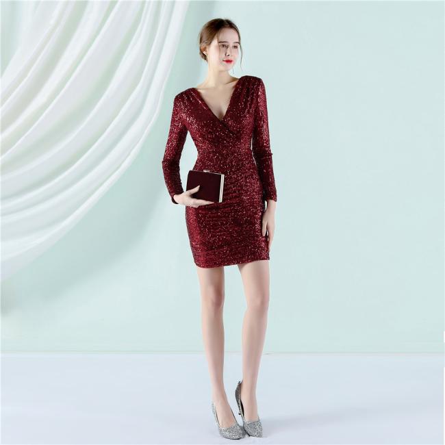 China OEM High Quality Evening Party Prom Women Long-Sleeve Dress Sequin Slim Sheath Women Sexy Skinny Wedding Dress