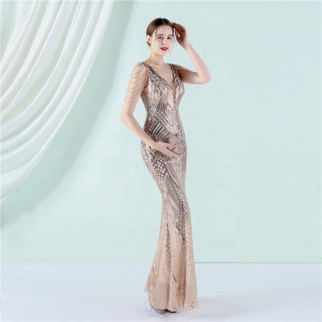 China OEM High Quality Luxury Evening Party Prom Women Dress Sequin Slim Sheath Women Sexy Skinny Wedding Dress