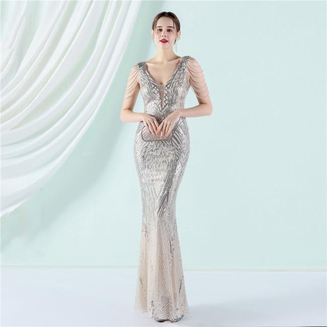 China OEM High Quality Luxury Evening Party Prom Women Dress Sequin Slim Sheath Women Sexy Skinny Wedding Dress