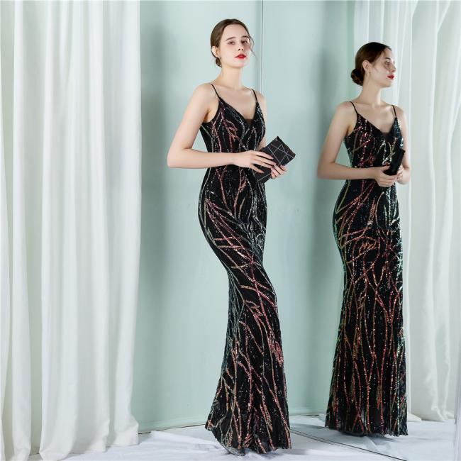 Party Gown Prom Dress Sequin Slim Sheath Women Sexy Skinny Wedding Dress Party Gown Shine Spaghetti Strap