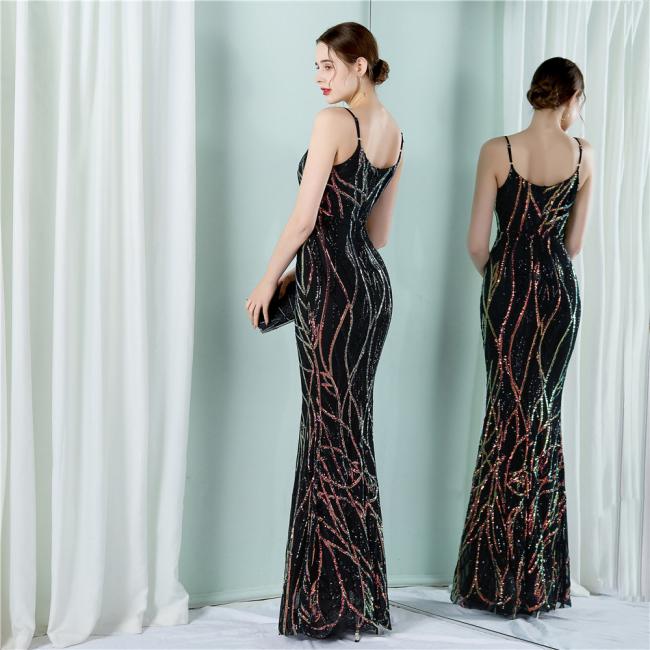 Party Gown Prom Dress Sequin Slim Sheath Women Sexy Skinny Wedding Dress Party Gown Shine Spaghetti Strap