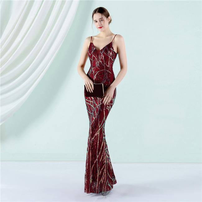 Party Gown Prom Dress Sequin Slim Sheath Women Sexy Skinny Wedding Dress Party Gown Shine Spaghetti Strap