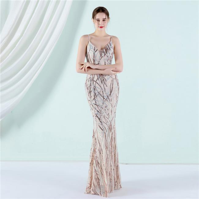 Party Gown Prom Dress Sequin Slim Sheath Women Sexy Skinny Wedding Dress Party Gown Shine Spaghetti Strap