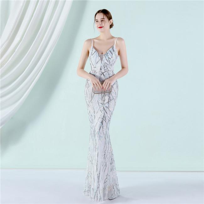 Party Gown Prom Dress Sequin Slim Sheath Women Sexy Skinny Wedding Dress Party Gown Shine Spaghetti Strap
