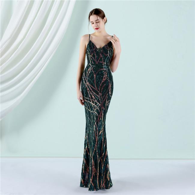 Party Gown Prom Dress Sequin Slim Sheath Women Sexy Skinny Wedding Dress Party Gown Shine Spaghetti Strap