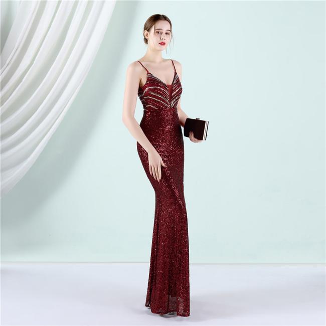 Party Gown Prom Dress Sequin Slim Sheath Women Sexy Skinny Wedding Dress Party Gown Prom Dress Spaghetti Strap