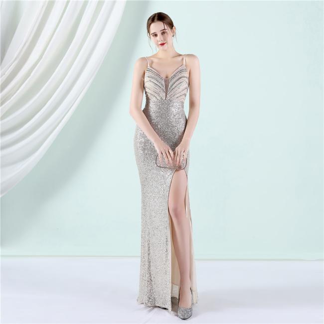 Party Gown Prom Dress Sequin Slim Sheath Women Sexy Skinny Wedding Dress Party Gown Prom Dress Spaghetti Strap