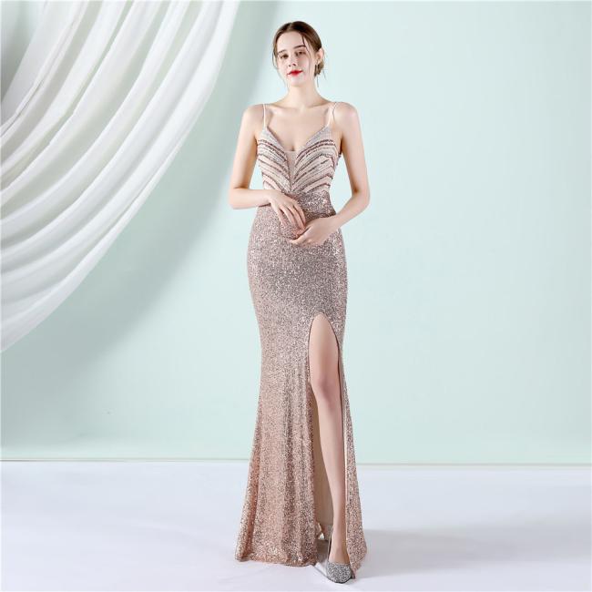 Party Gown Prom Dress Sequin Slim Sheath Women Sexy Skinny Wedding Dress Party Gown Prom Dress Spaghetti Strap