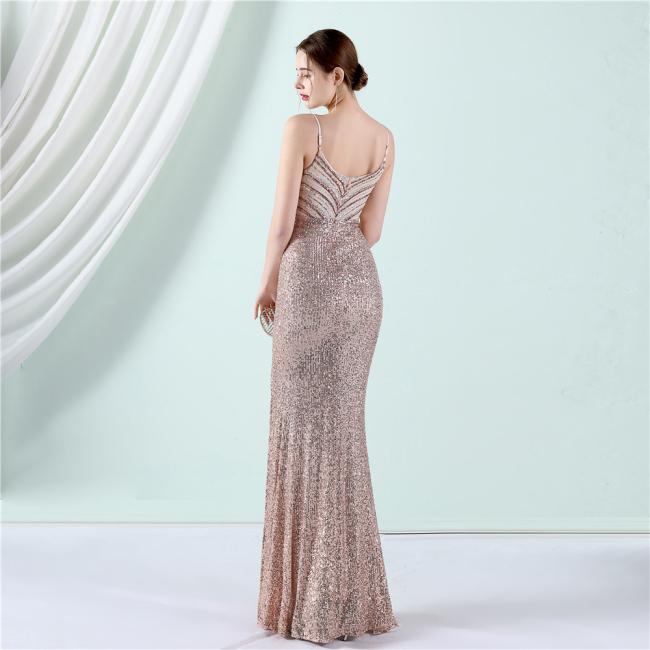Party Gown Prom Dress Sequin Slim Sheath Women Sexy Skinny Wedding Dress Party Gown Prom Dress Spaghetti Strap