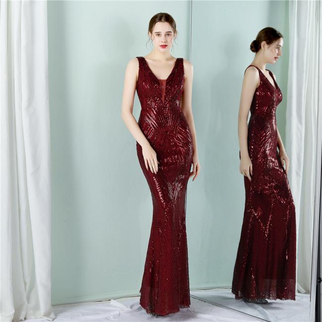 2022 Sequin Slim Sheath Women Sexy Skinny Wedding Dress Party Gown Prom Dress