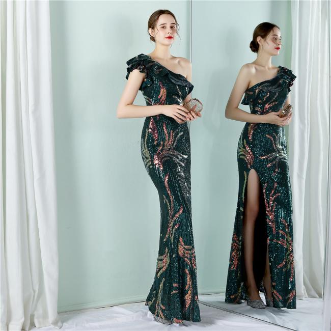 Sequin Slim Sheath Women Sexy Skinny Wedding Dress Party Gown Prom Dress One-Shoulder