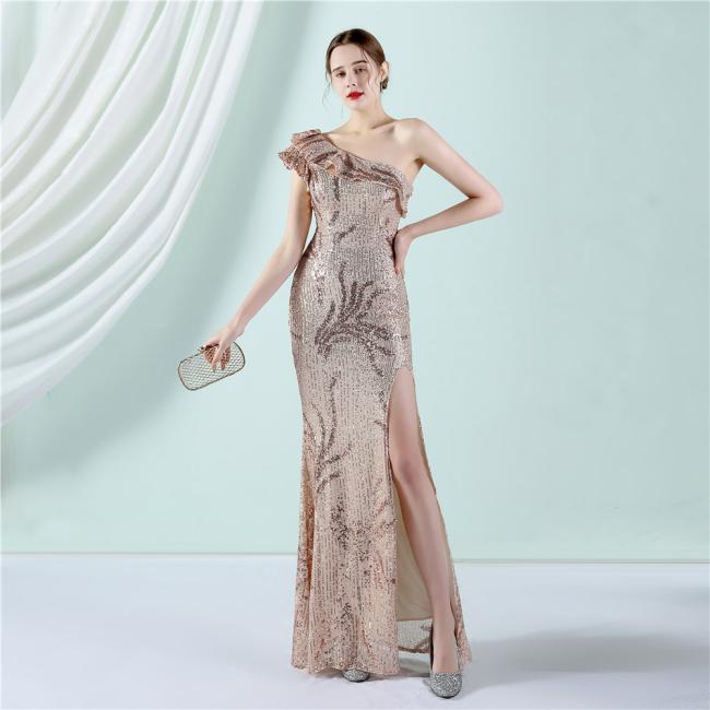 Sequin Slim Sheath Women Sexy Skinny Wedding Dress Party Gown Prom Dress One-Shoulder