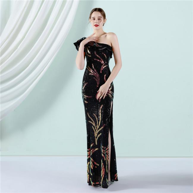 Sequin Slim Sheath Women Sexy Skinny Wedding Dress Party Gown Prom Dress One-Shoulder