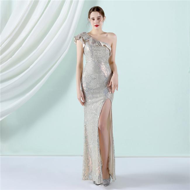 Sequin Slim Sheath Women Sexy Skinny Wedding Dress Party Gown Prom Dress One-Shoulder
