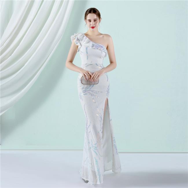 Sequin Slim Sheath Women Sexy Skinny Wedding Dress Party Gown Prom Dress One-Shoulder
