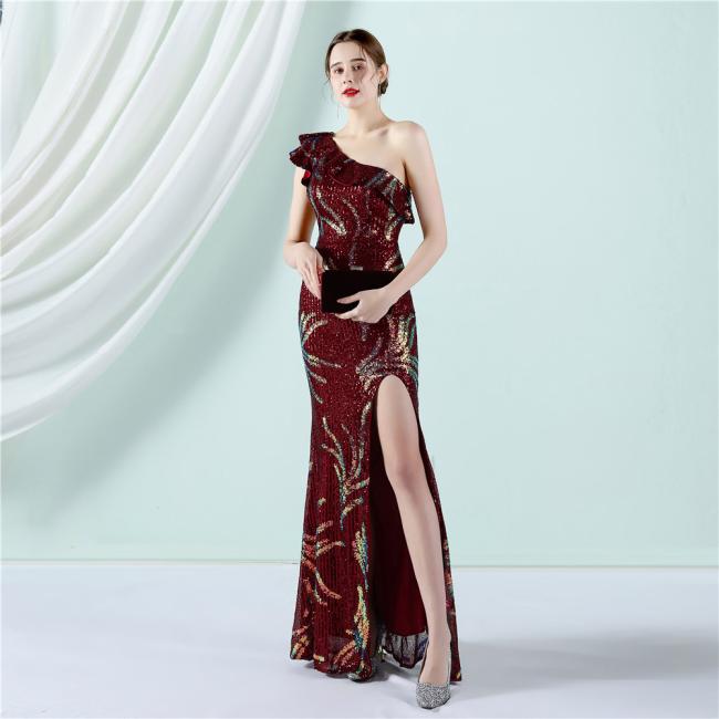 Sequin Slim Sheath Women Sexy Skinny Wedding Dress Party Gown Prom Dress One-Shoulder