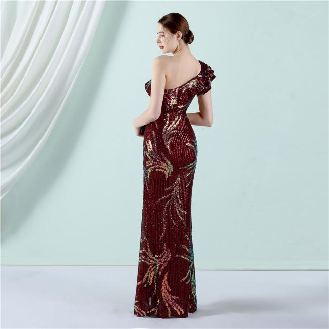 Sequin Slim Sheath Women Sexy Skinny Wedding Dress Party Gown Prom Dress One-Shoulder