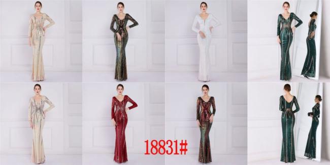 Sequined Sex Beading Ball Dress Luxury V Neck Evening Party Dress Mermaid Bridesmaid Long-Sleeves Gowns