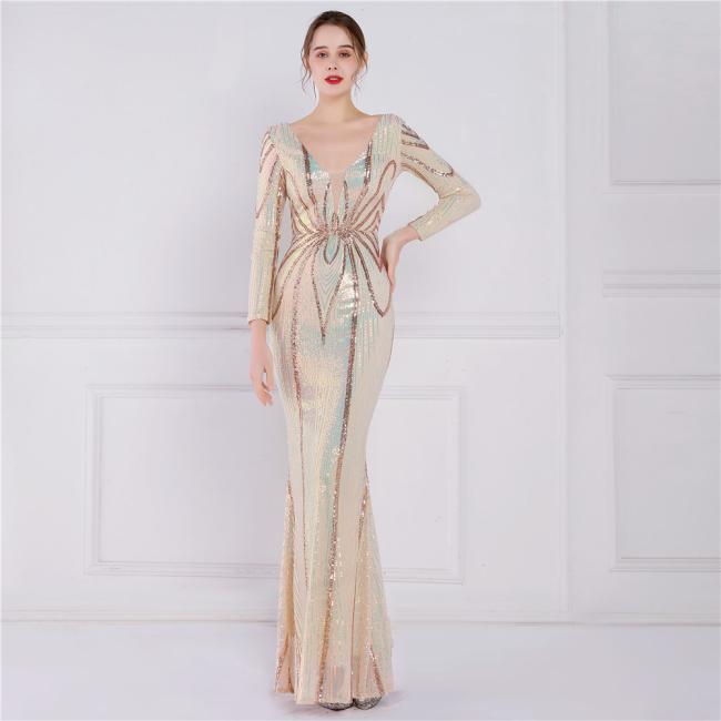 Sequined Sex Beading Ball Dress Luxury V Neck Evening Party Dress Mermaid Bridesmaid Long-Sleeves Gowns