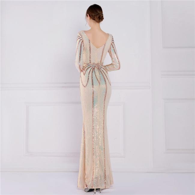 Sequined Sex Beading Ball Dress Luxury V Neck Evening Party Dress Mermaid Bridesmaid Long-Sleeves Gowns