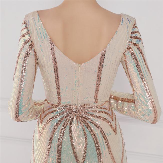 Sequined Sex Beading Ball Dress Luxury V Neck Evening Party Dress Mermaid Bridesmaid Long-Sleeves Gowns