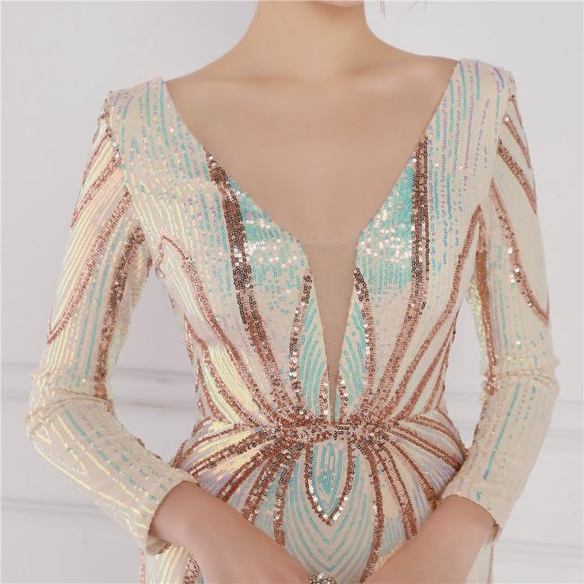 Sequined Sex Beading Ball Dress Luxury V Neck Evening Party Dress Mermaid Bridesmaid Long-Sleeves Gowns