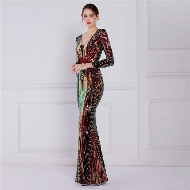 Sequined Sex Beading Ball Dress Luxury V Neck Evening Party Dress Mermaid Bridesmaid Long-Sleeves Gowns