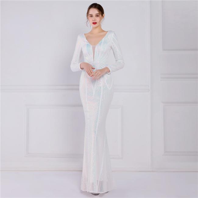 Sequined Sex Beading Ball Dress Luxury V Neck Evening Party Dress Mermaid Bridesmaid Long-Sleeves Gowns