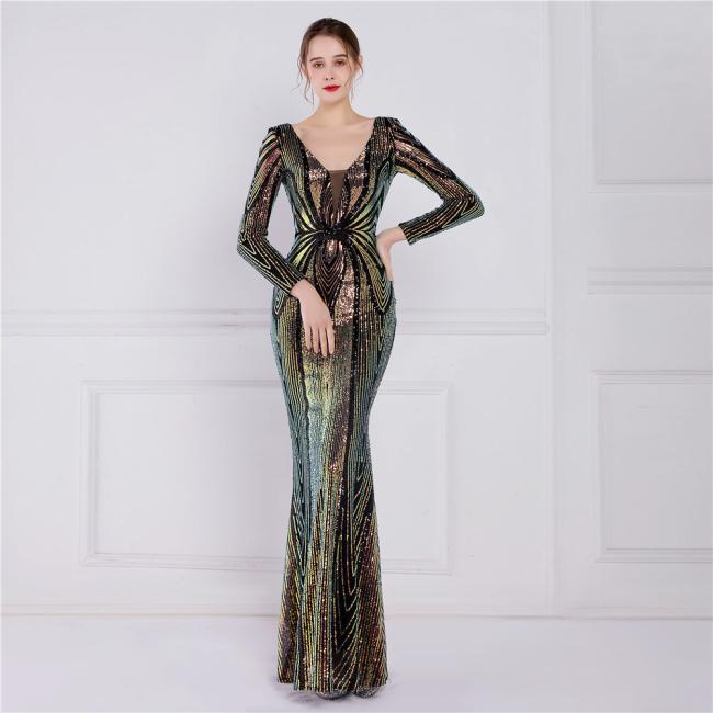 Sequined Sex Beading Ball Dress Luxury V Neck Evening Party Dress Mermaid Bridesmaid Long-Sleeves Gowns