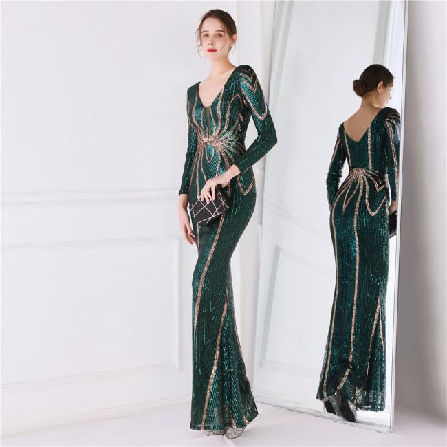 Sequined Sex Beading Ball Dress Luxury V Neck Evening Party Dress Mermaid Bridesmaid Long-Sleeves Gowns