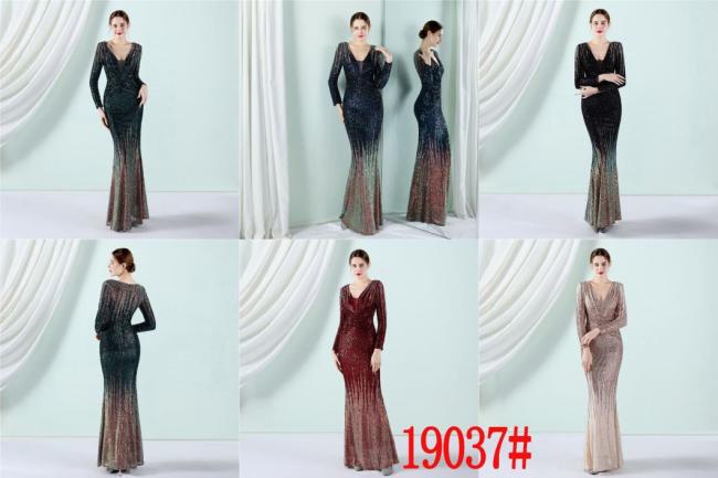 Sequined Sex Beading Ball Dress Luxury V Neck Evening Dress Mermaid Long-Sleeves Gowns Gradient Ramp