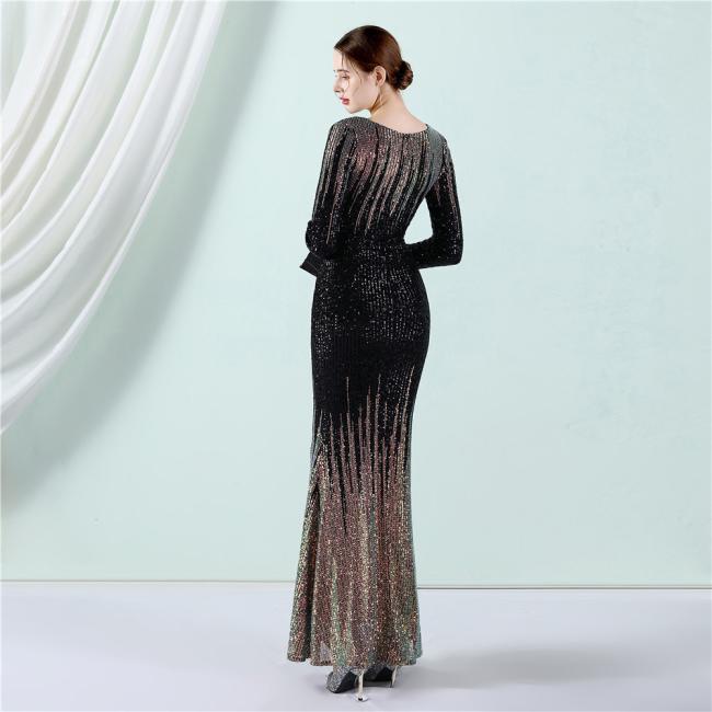 Sequined Sex Beading Ball Dress Luxury V Neck Evening Dress Mermaid Long-Sleeves Gowns Gradient Ramp