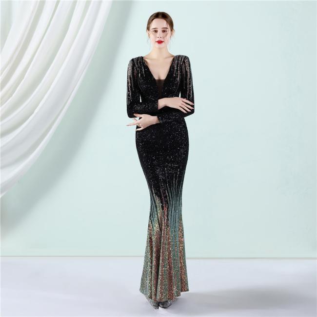Sequined Sex Beading Ball Dress Luxury V Neck Evening Dress Mermaid Long-Sleeves Gowns Gradient Ramp