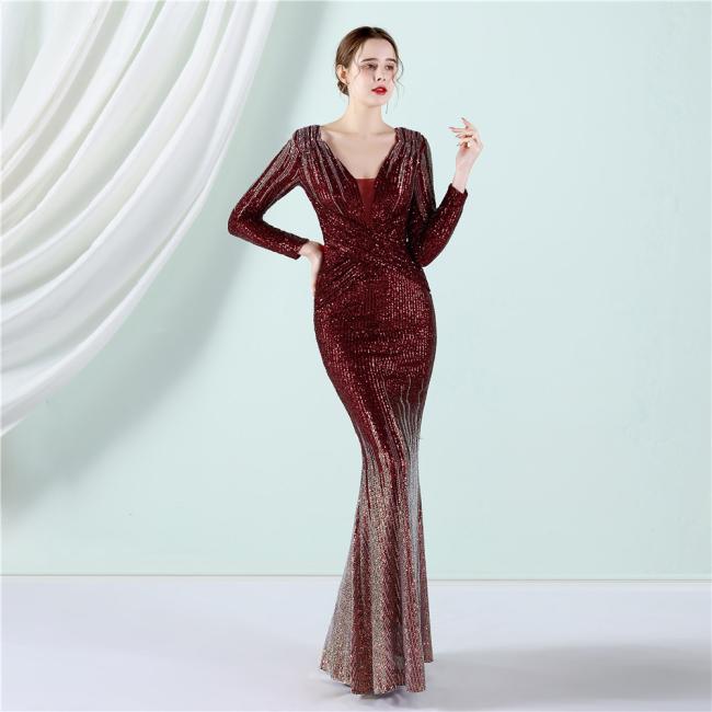 Sequined Sex Beading Ball Dress Luxury V Neck Evening Dress Mermaid Long-Sleeves Gowns Gradient Ramp