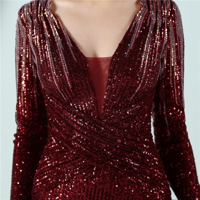 Sequined Sex Beading Ball Dress Luxury V Neck Evening Dress Mermaid Long-Sleeves Gowns Gradient Ramp