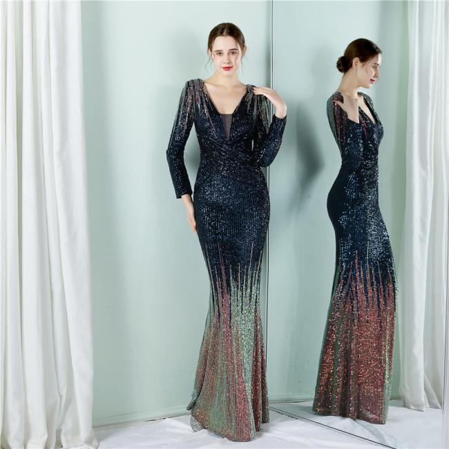Sequined Sex Beading Ball Dress Luxury V Neck Evening Dress Mermaid Long-Sleeves Gowns Gradient Ramp