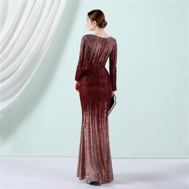 Sequined Sex Beading Ball Dress Luxury V Neck Evening Dress Mermaid Long-Sleeves Gowns Gradient Ramp
