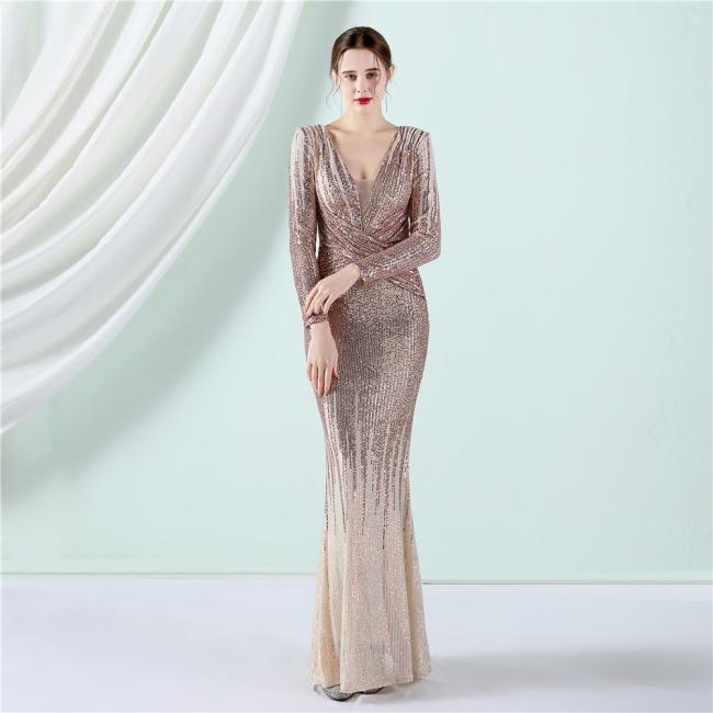 Sequined Sex Beading Ball Dress Luxury V Neck Evening Dress Mermaid Long-Sleeves Gowns Gradient Ramp