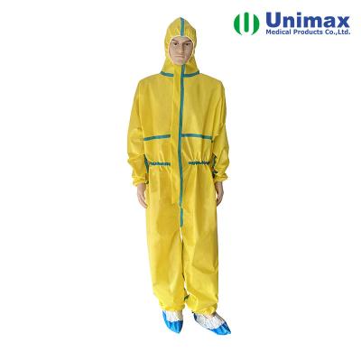China Cat III Type 3B/4B/5B/6B Disposable Yellow Coverall With Blue Tape for sale