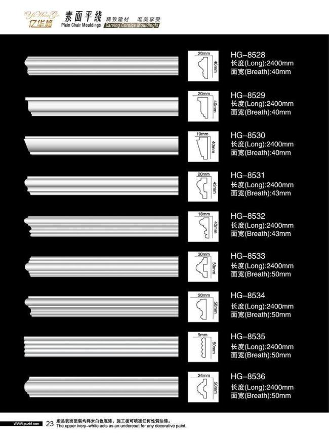 Polyurethane Foam Wainscoting Interior Wall Moulding Decorative Chair Rail
